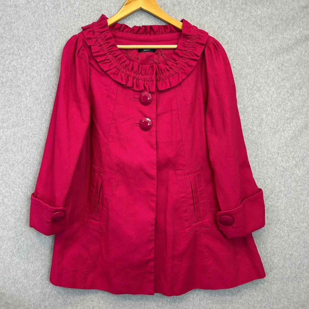 Luii Anthropologie Swing Coat Hot Pink Ruffle Collar Button Front Preppy Size 12